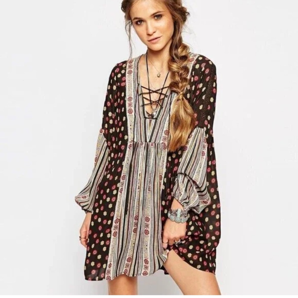 Free People Striped Bell Sleeve Plunge Mini Dress in Pebble Rain Size Medium